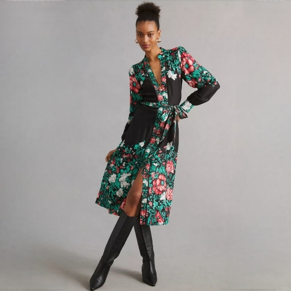 Anthropologie Black Floral Midi Shirt Dress MP